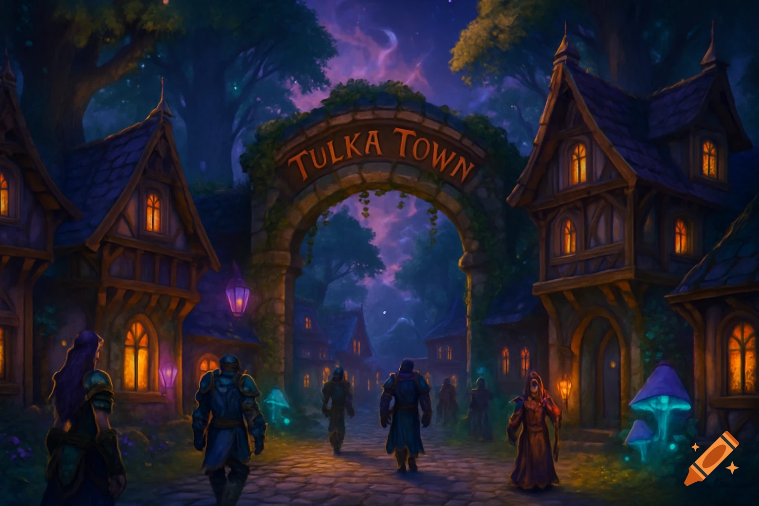 Fantasy town entrance at night with an archway reading 'Tulka Town', glowing buildings, and figures on a cobblestone path.
