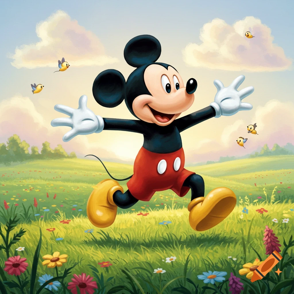 Mickey Mouse running happily through a vibrant green field filled with colorful flowers under a cloudy sky with small birds.