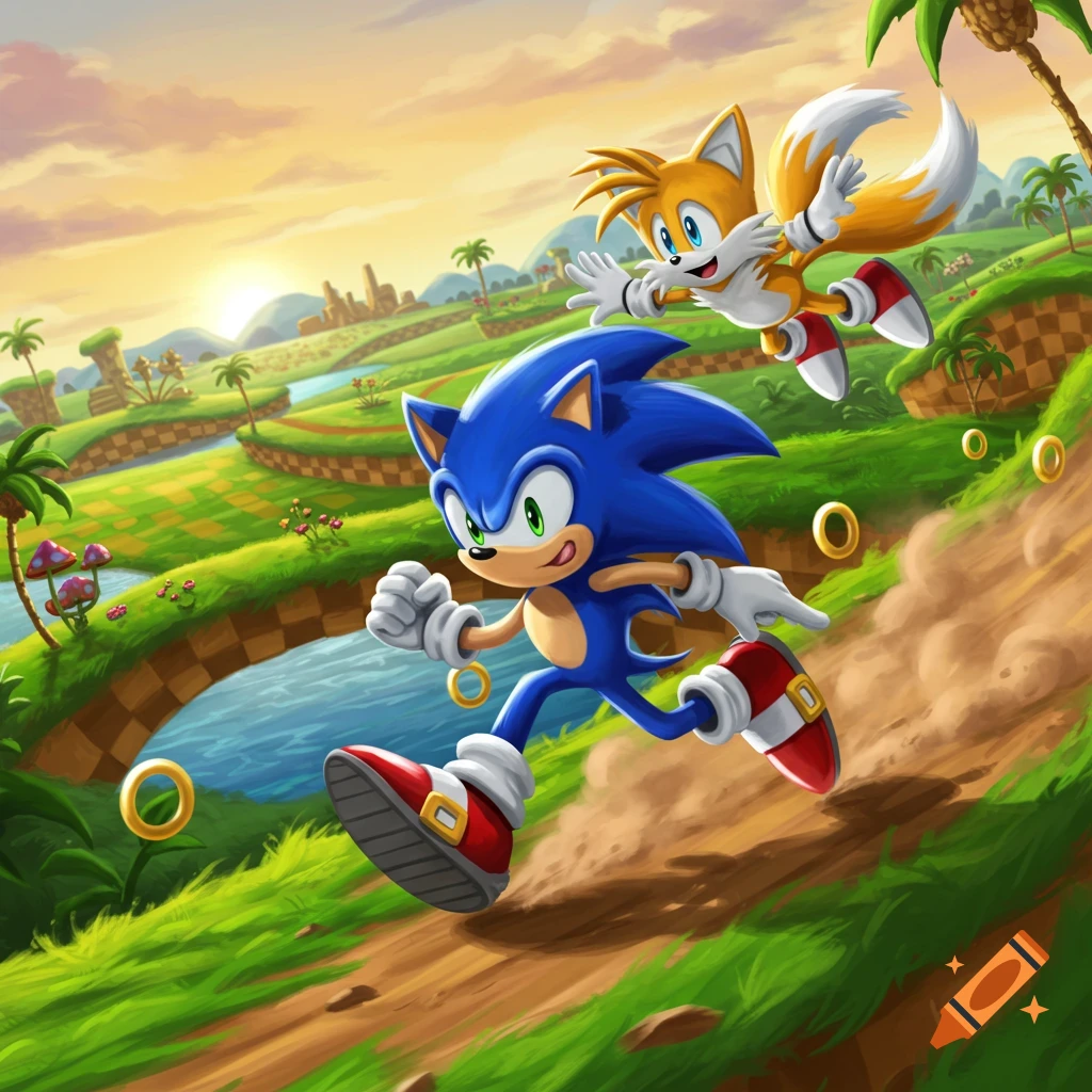 Sonic and Tails run down a grassy hill with golden rings and palm trees in a vibrant Green Hill Zone style at sunset.