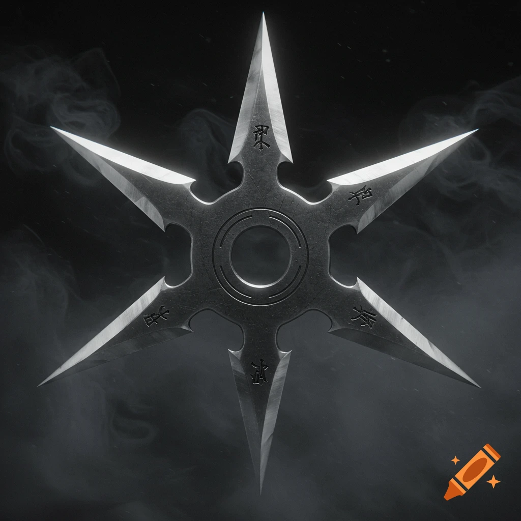 A metallic six-pointed ninja star (shuriken) with etched characters on a dark, smoky background.