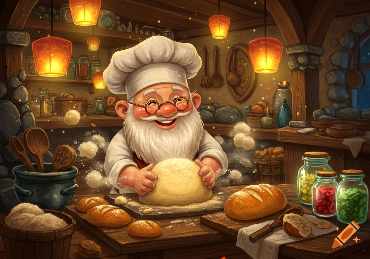A smiling gnome baker with a white beard kneads bread dough in a cozy, rustic kitchen lit by lanterns, surrounded by loaves and spices.