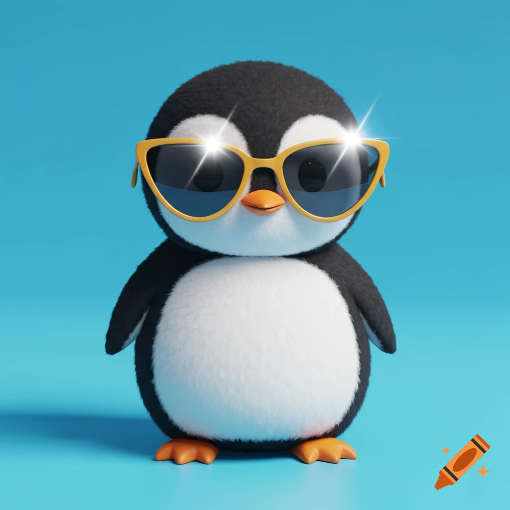 A cute chibi penguin wearing yellow sunglasses stands on a light blue background. 3D illustration.