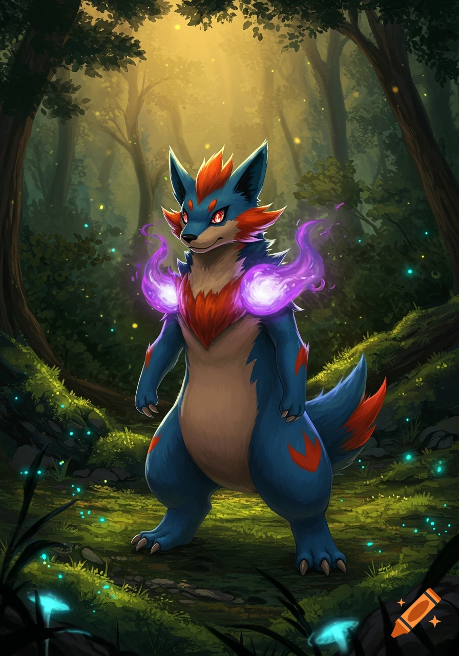 A blue and orange furry creature with glowing purple energy around its shoulders stands in a vibrant, glowing forest.