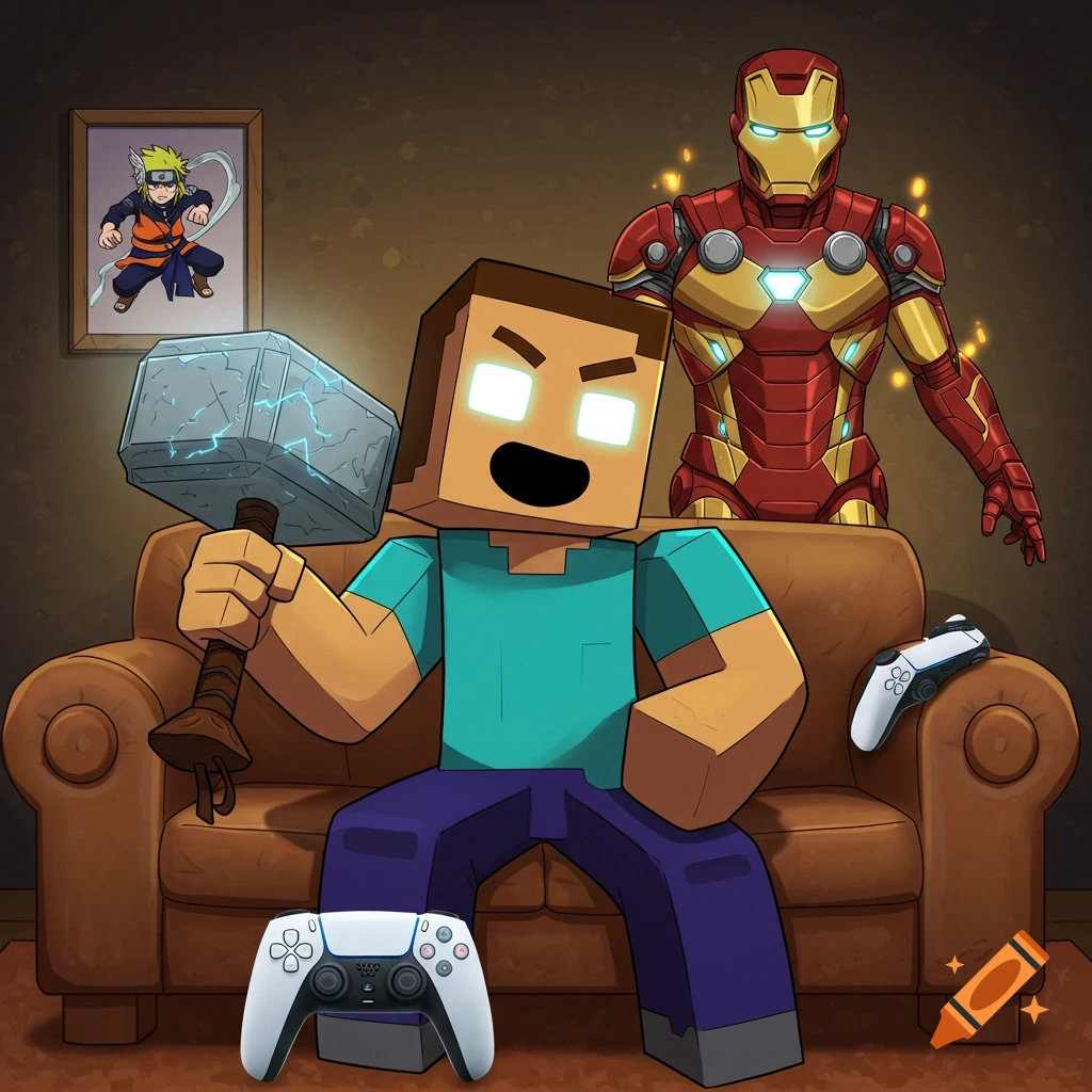 Cartoon Herobrine sits on a sofa holding Thor's hammer, with an Iron Man suit behind him, and PS5 controllers nearby. A Naruto picture hangs on the wall.