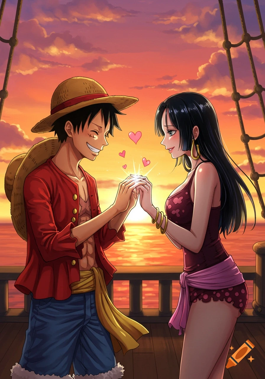 Luffy and Hancock from One Piece hold hands and smile at each other with hearts floating around them on a ship deck at sunset, in an anime style.