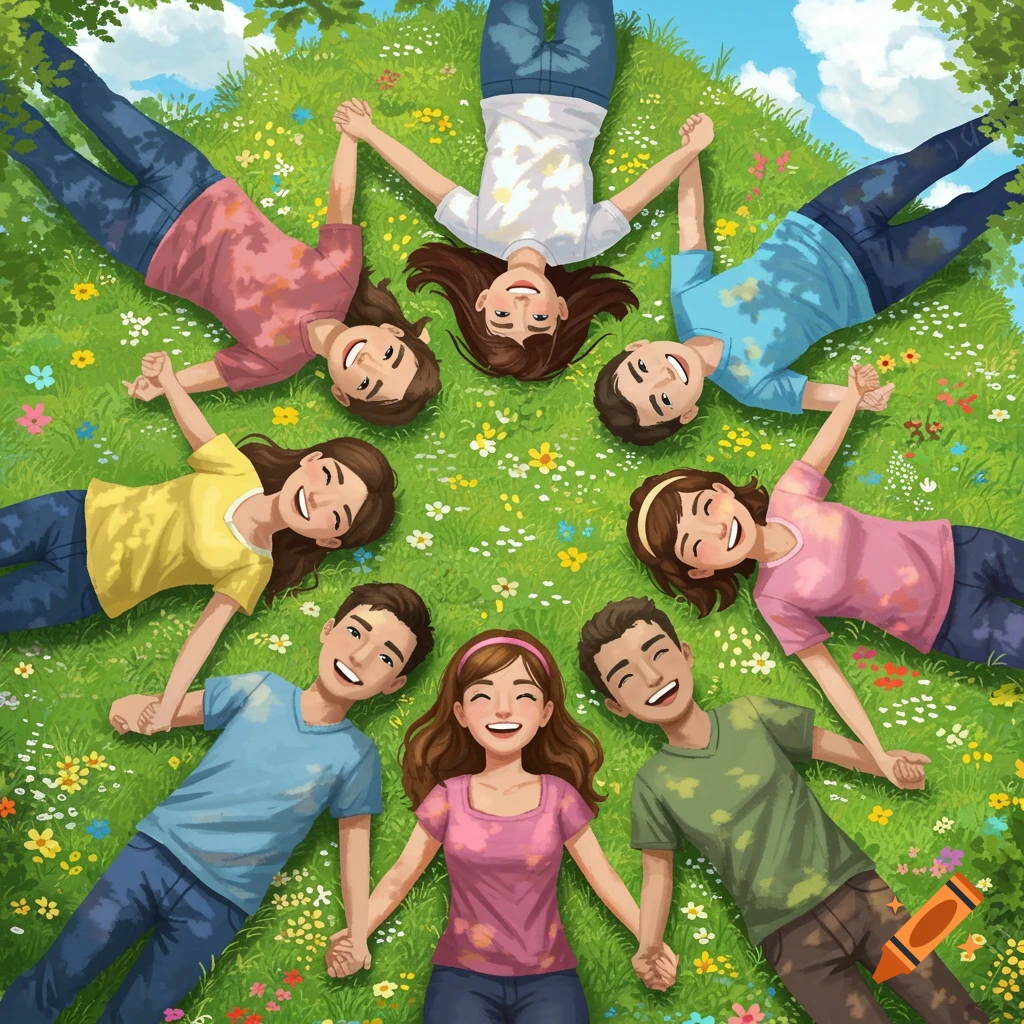Overhead illustration of diverse group of smiling young people lying in a circle on a grassy, flower-filled hill, holding hands.