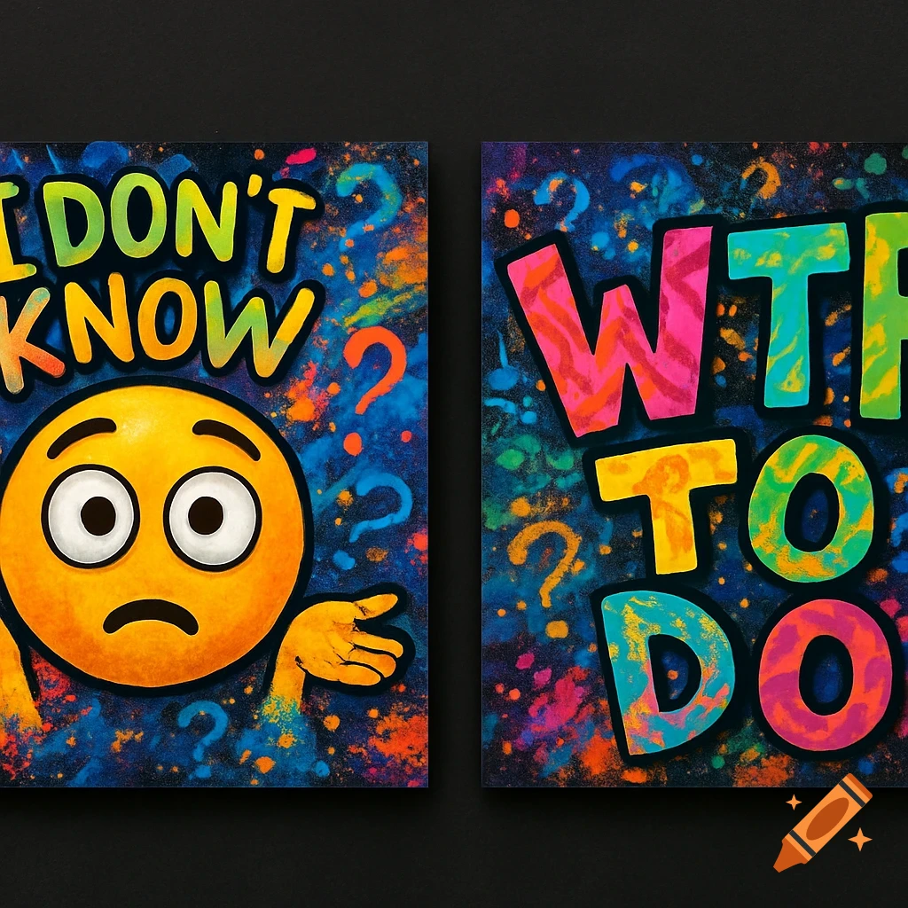 A colorful graphic design featuring a confused yellow emoji and the text "I DON'T KNOW" and "WTF TO DO" on two panels with a splatter background.