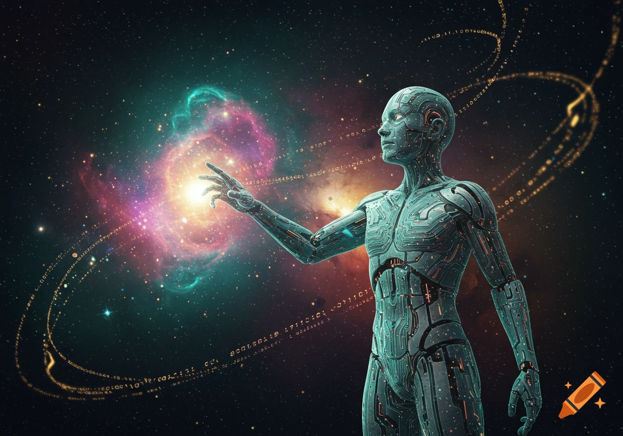 A teal circuit-covered humanoid robot reaches out to a vibrant nebula in a starry cosmic background, with streams of binary code flowing around it.
