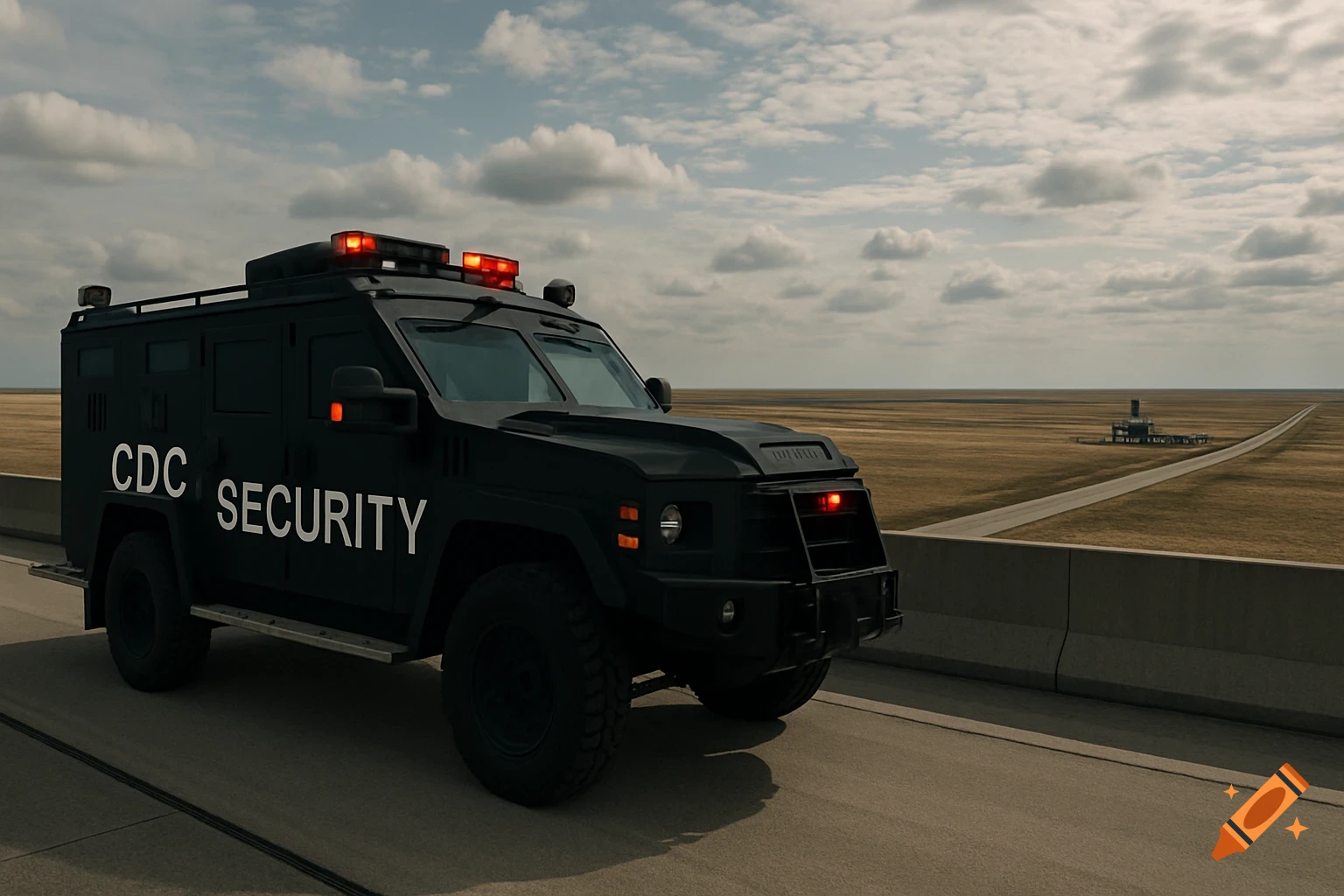 A black armored CDC Security vehicle with red lights on a highway overpass overlooking a vast, dry plain under a cloudy sky.