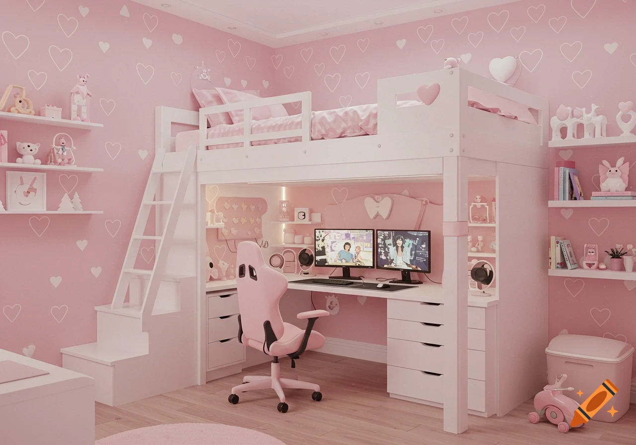 A light pink bedroom with white furniture, a bunk bed, and a gaming setup under the top bunk.