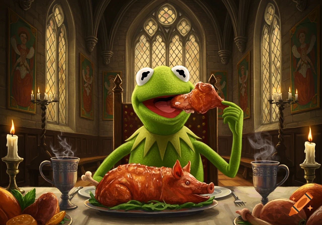 Kermit the Frog dines on a roasted drumstick and a whole pig at a grand table in a gothic castle hall.