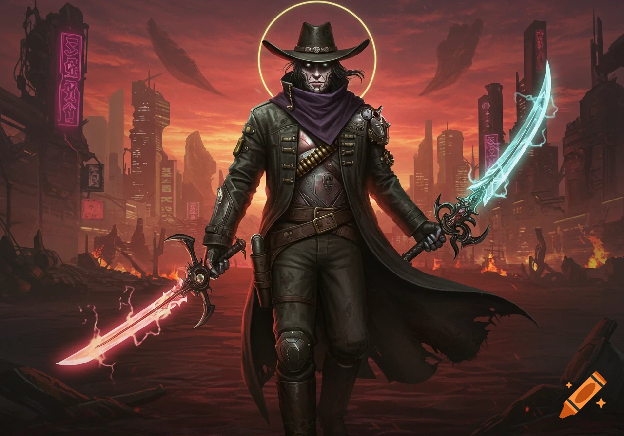 A dark-clad cowboy figure with a wide-brimmed hat and glowing eyes stands in a ruined cyberpunk city, holding a glowing red sword and a glowing blue sword.