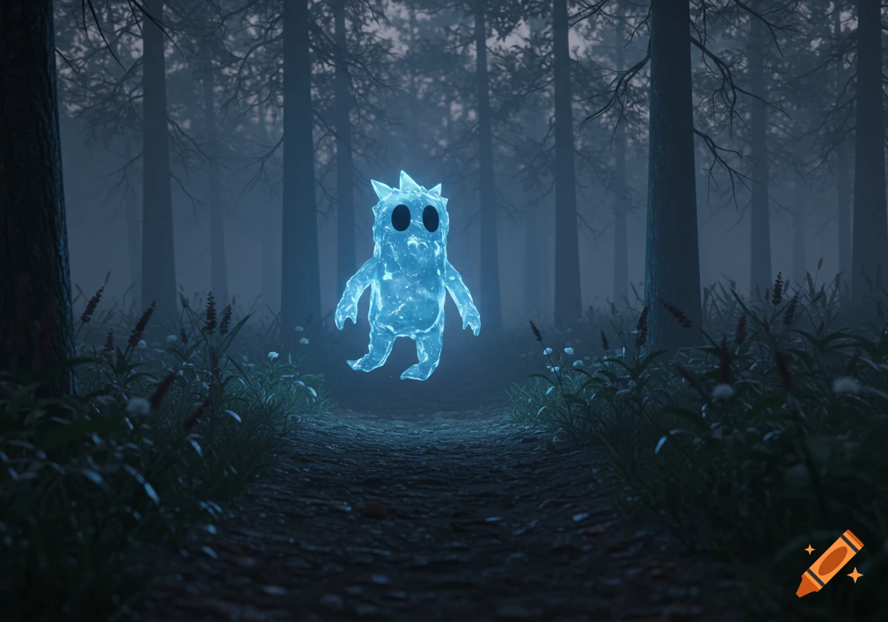 An ethereal blue glowing ice creature with large black eyes floats down a dark, misty forest path.