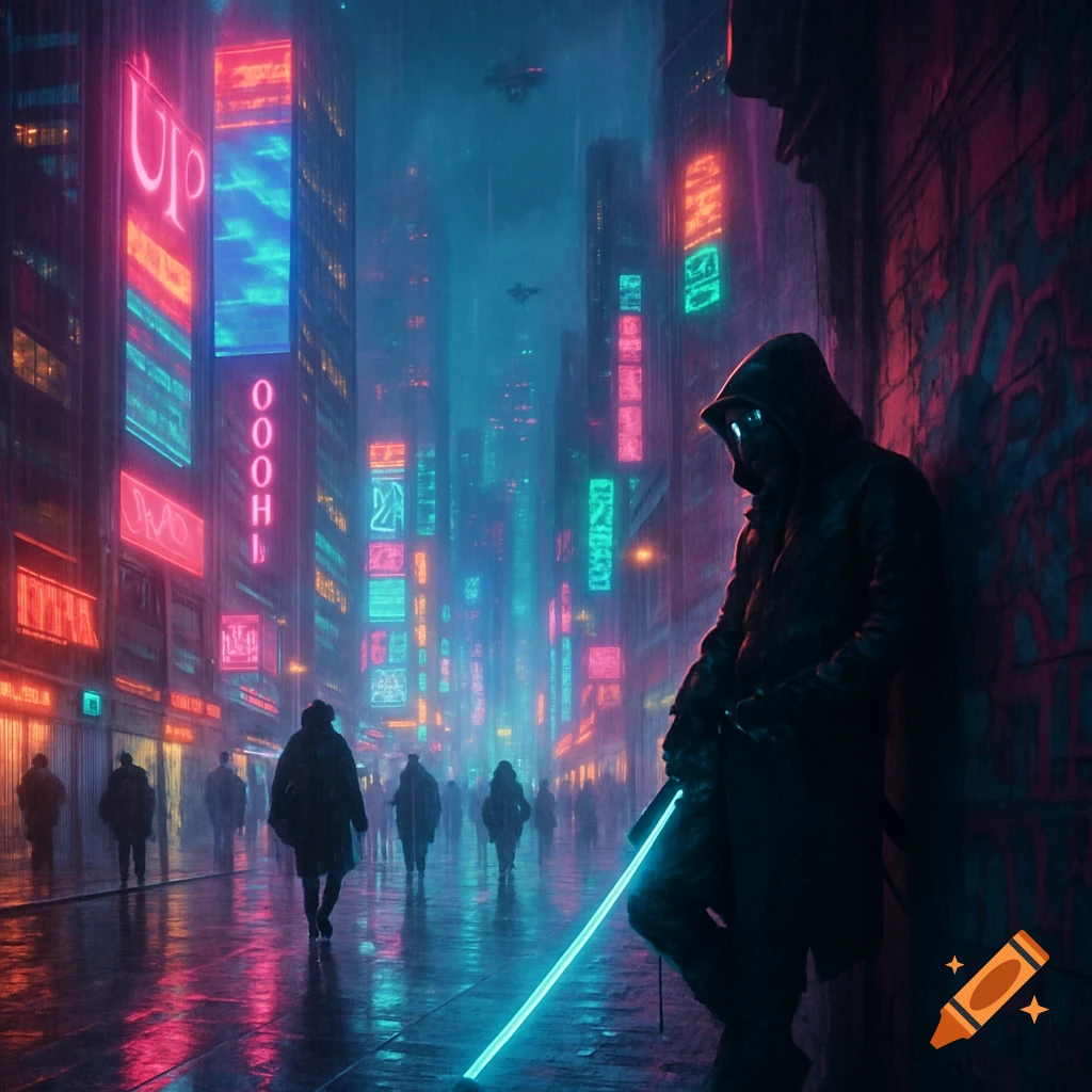 A hooded figure with a glowing katana leans against a graffiti wall in a rainy, neon-lit cyberpunk city at night, with shadowy figures walking in the distance.