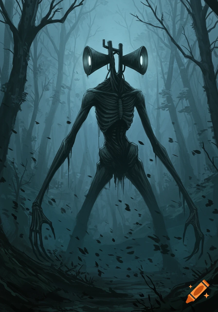 A gaunt Siren Head creature with twin speakers for a head stands in a dark, misty forest, dark art illustration.