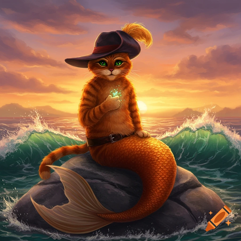A cat resembling Puss in Boots with an orange mermaid tail sits on a rock in the ocean at sunset, holding a glowing object.