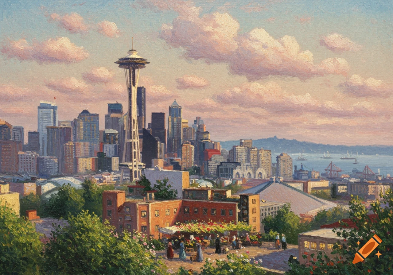 Impressionistic painting of the Seattle cityscape with the Space Needle, downtown buildings, and a bustling market at sunset.