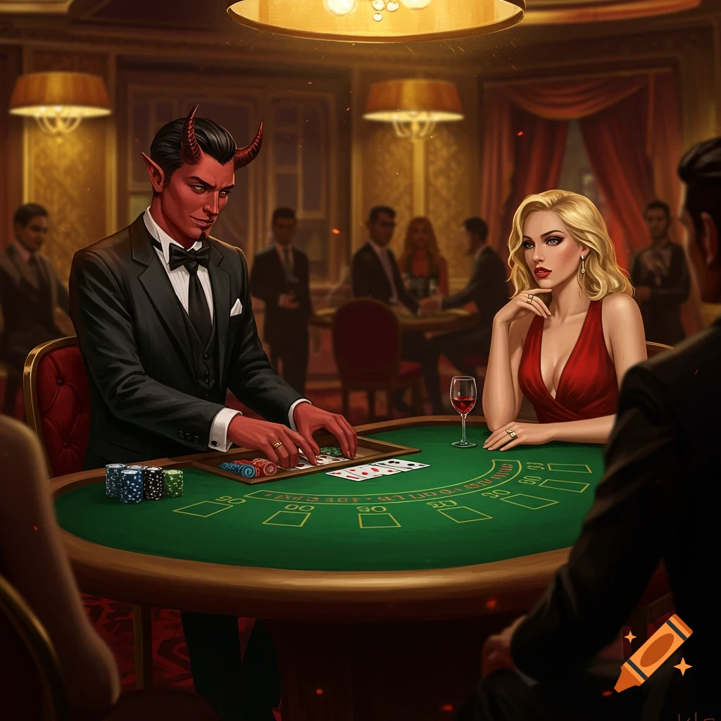 A red-skinned, horned man in a tuxedo deals cards at a blackjack table to a blonde woman in a red dress in a lavish casino.