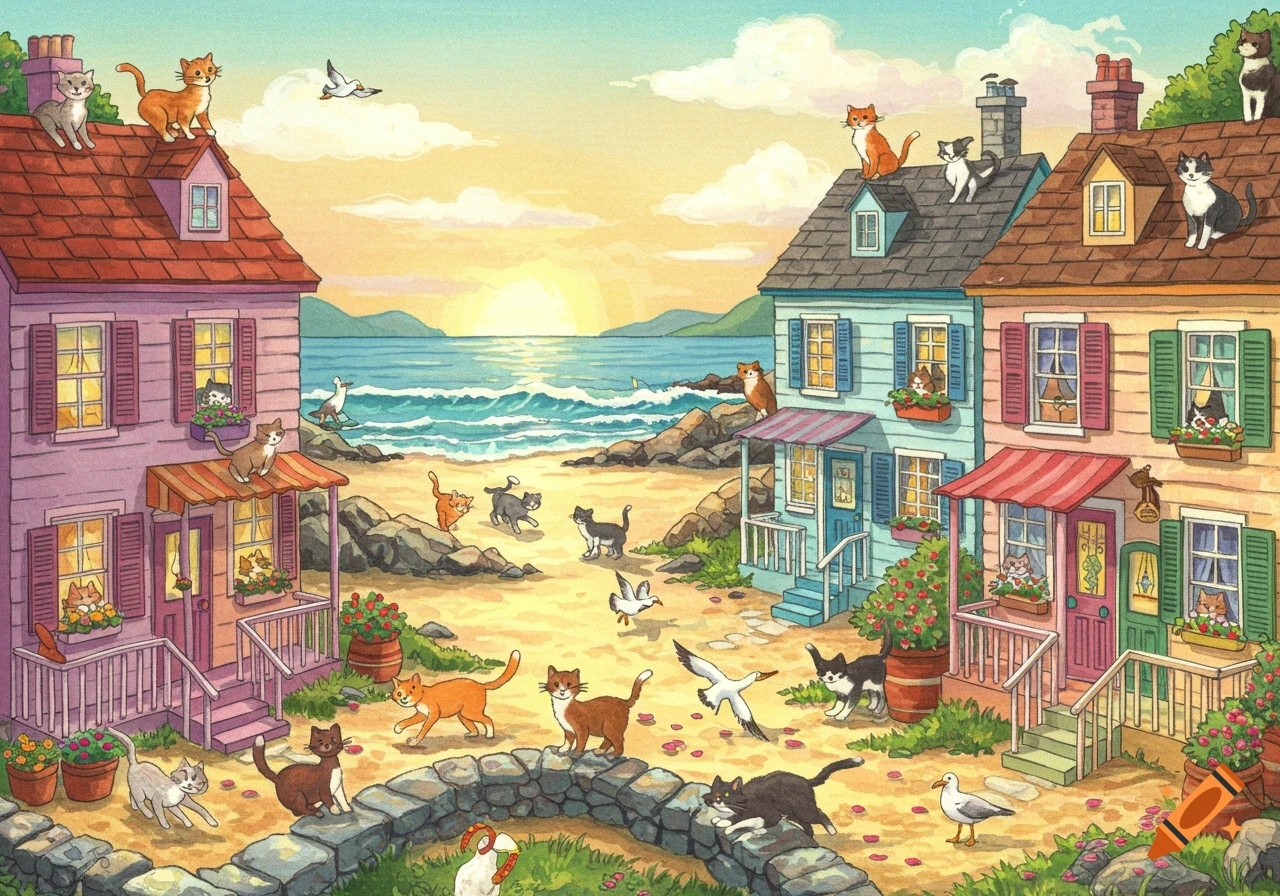 Watercolor illustration of many cats around colorful houses on a beach at sunset with ocean waves.