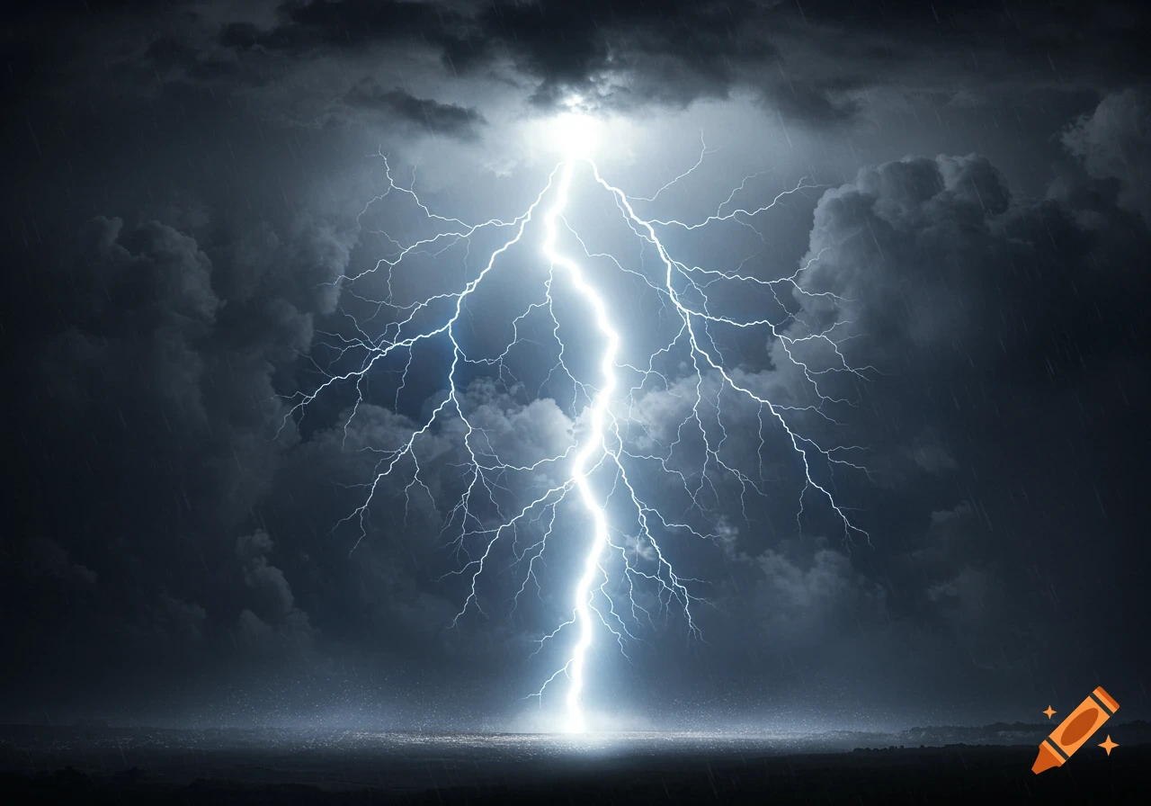 A dramatic white lightning bolt strikes down from dark, ominous storm clouds during heavy rain.