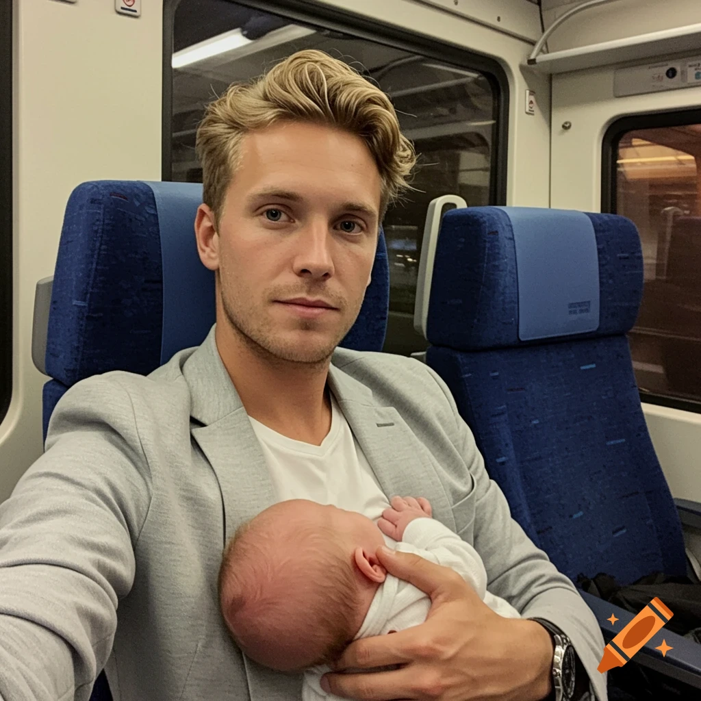 A handsome young man with blonde hair and blue eyes takes a selfie on a train while holding a newborn baby on his chest.
