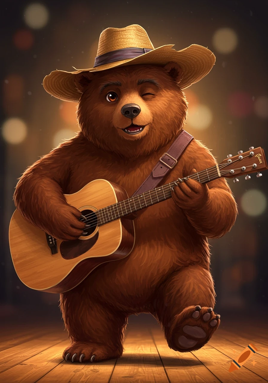 A winking, smiling cartoon brown bear in a straw hat plays an acoustic guitar on a wooden stage with bokeh lights.