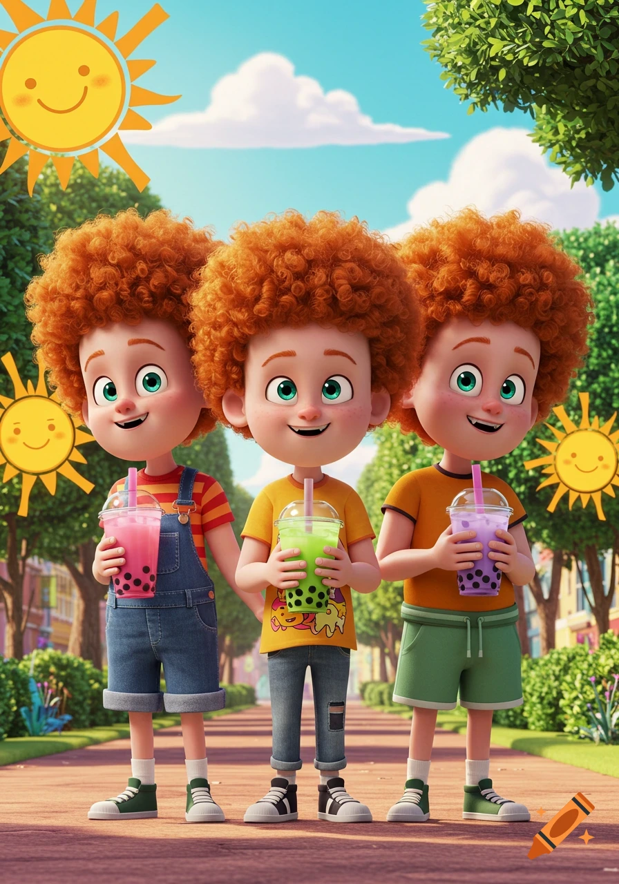 Three cartoon ginger-haired boy triplets hold colorful boba drinks and smile outdoors on a sunny day.