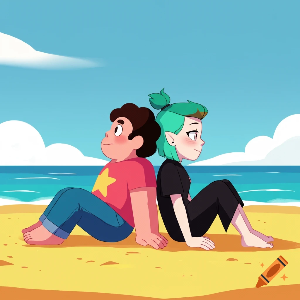 Steven Universe and Amity Blight sit back-to-back on a sandy beach under a blue sky, in a cartoon style.