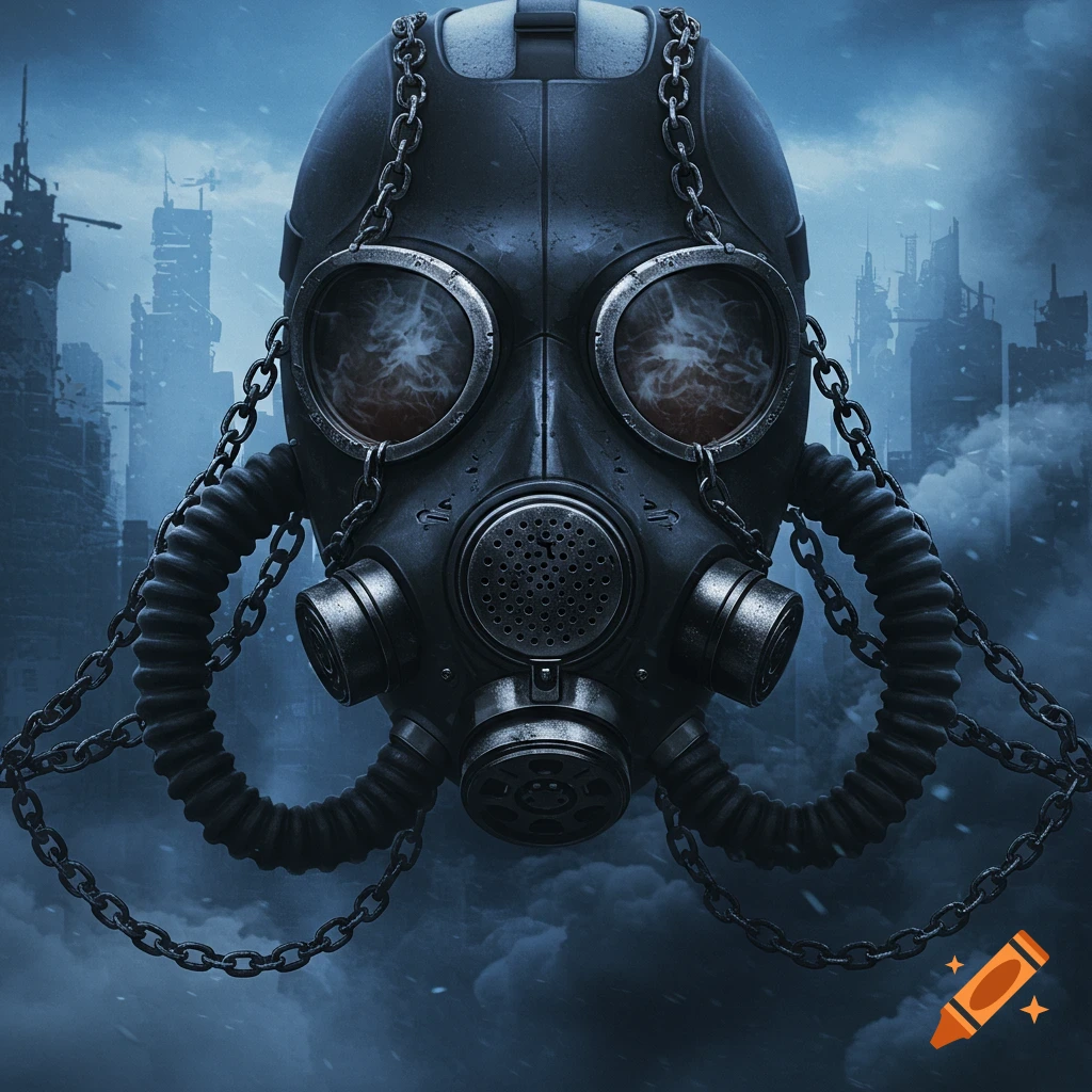 Photorealistic dark gas mask with chains against a blurred, gloomy dystopian city under a stormy sky.
