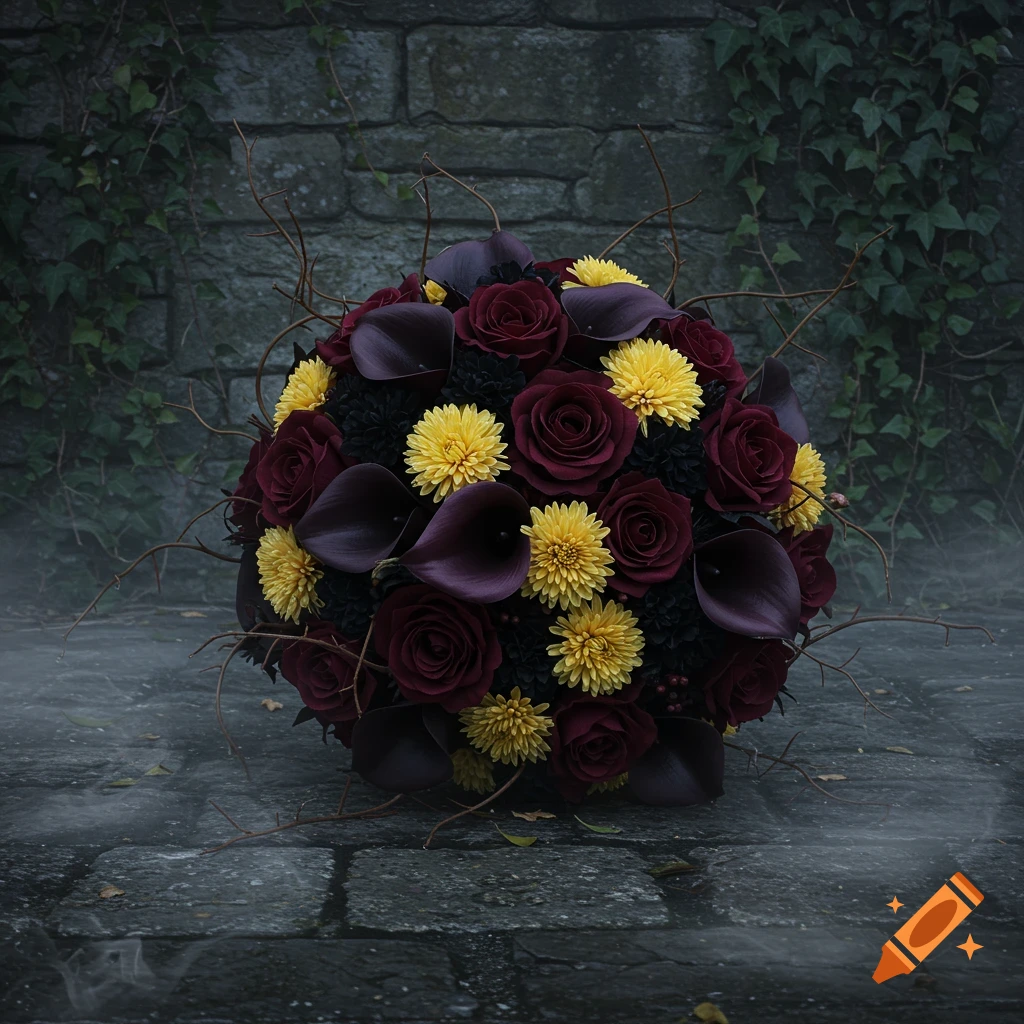 A gothic wedding bouquet featuring dark red roses, yellow chrysanthemums, and dark purple calla lilies on a stone ground.