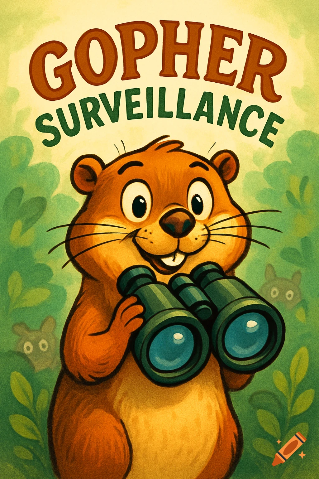 A cartoon gopher with big eyes smiles, holding binoculars, with 'GOPHER SURVEILLANCE' text above. Stylized illustration.