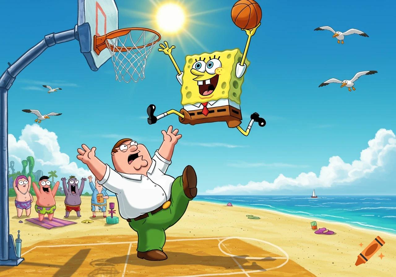 Cartoon SpongeBob SquarePants dunks a basketball over Peter Griffin on a sunny beach with other characters watching.