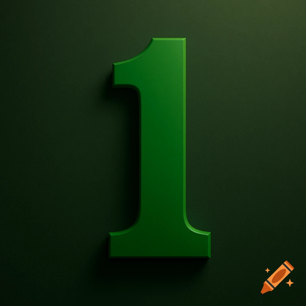 A large, bold, emerald green number 1 with shadows on a dark green background.