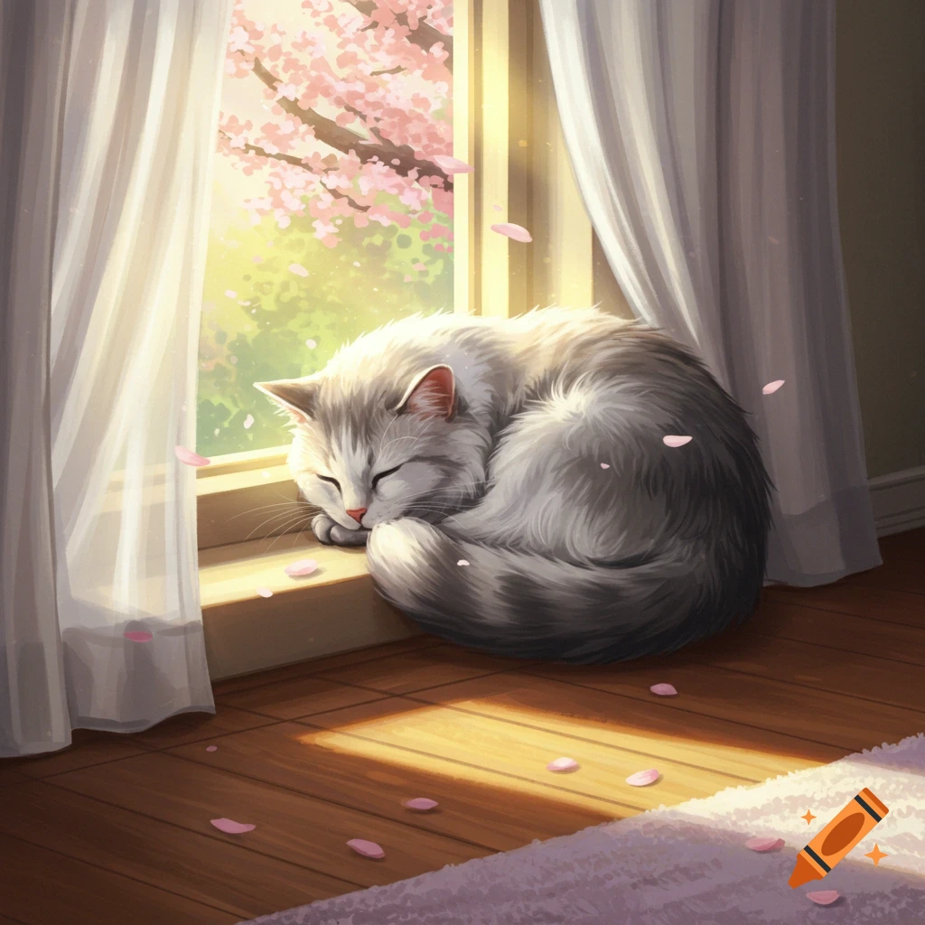 A fluffy grey and white cat sleeps curled up by a sunny window with pink cherry blossom petals falling inside.