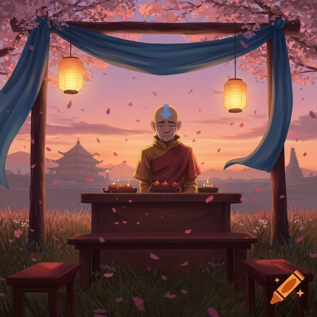 Aang from Avatar cries sadly at a flower-laden altar with burning candles under cherry blossoms at sunset, a pagoda in the distance.