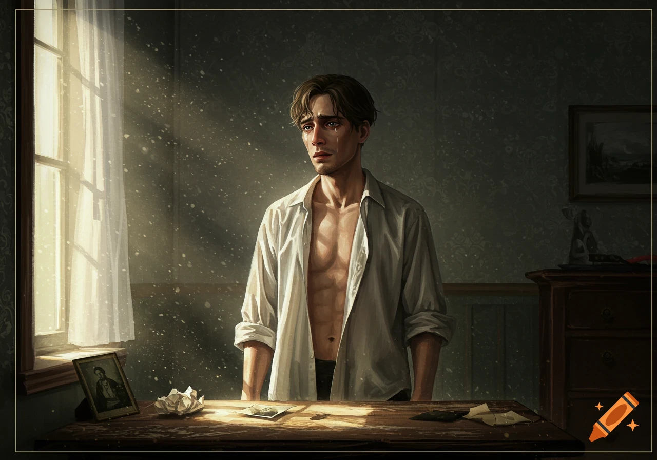 A crying man in an unbuttoned white shirt stands in a dimly lit room, with sunlight streaming through a window, an illustration.