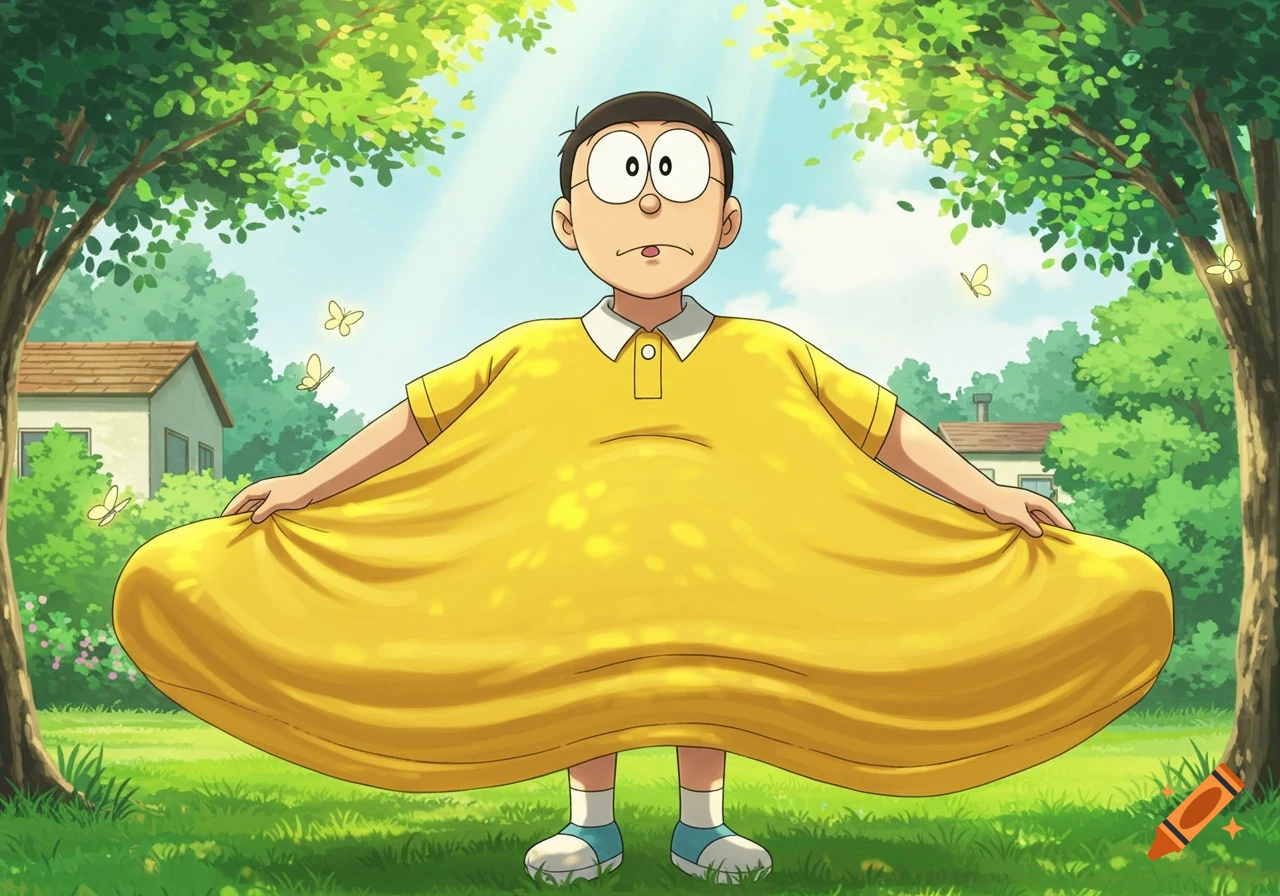 Nobita in an oversized, inflated yellow polo shirt, standing in a sunny outdoor setting with trees, houses, and butterflies in a cartoon style.