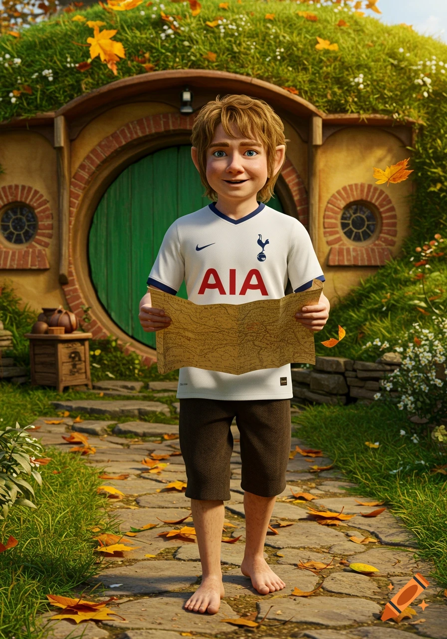 A cartoonish hobbit-like character wearing a white Tottenham Hotspur soccer jersey and shorts stands barefoot on a stone path, holding a map in front of a hobbit hole. Autumn leaves fall around him.