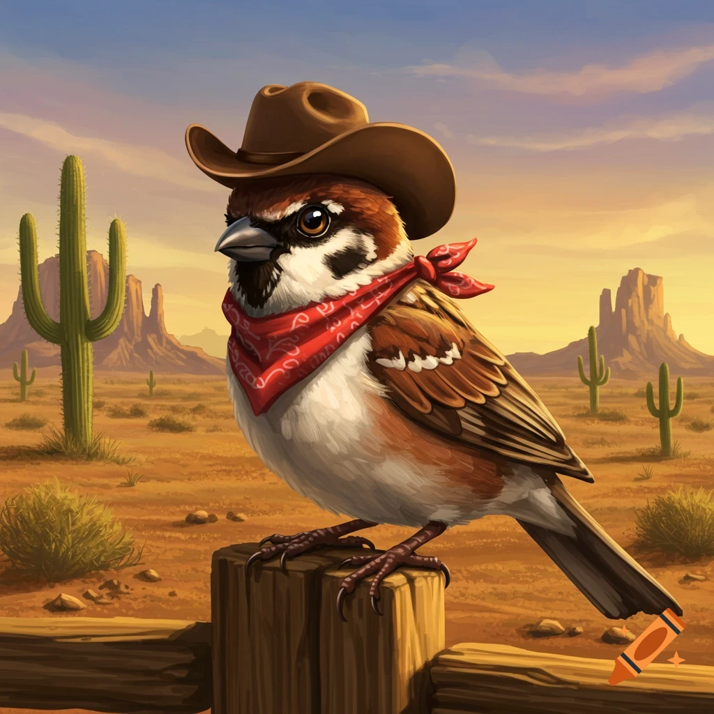 A sparrow wearing a cowboy hat and red bandana perches on a fence post in a desert landscape at sunset.