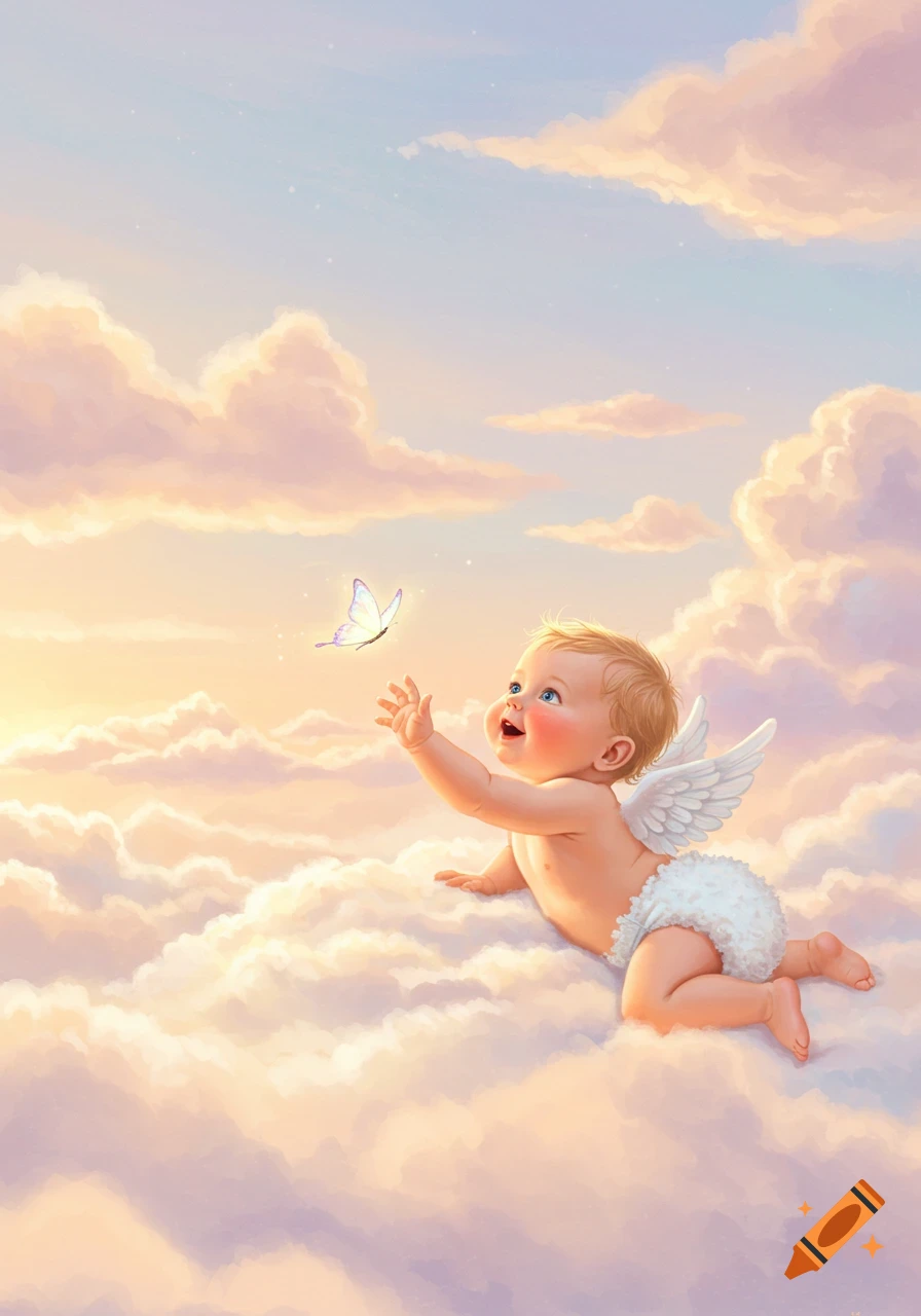 An adorable winged baby in a fluffy diaper reaches for a glowing butterfly while floating on soft clouds in a pastel sky, illustration.
