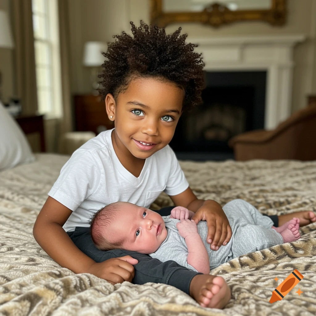 A young boy with green eyes and curly hair smiles while gently holding a newborn baby, both lying on a textured blanket in a bedroom.