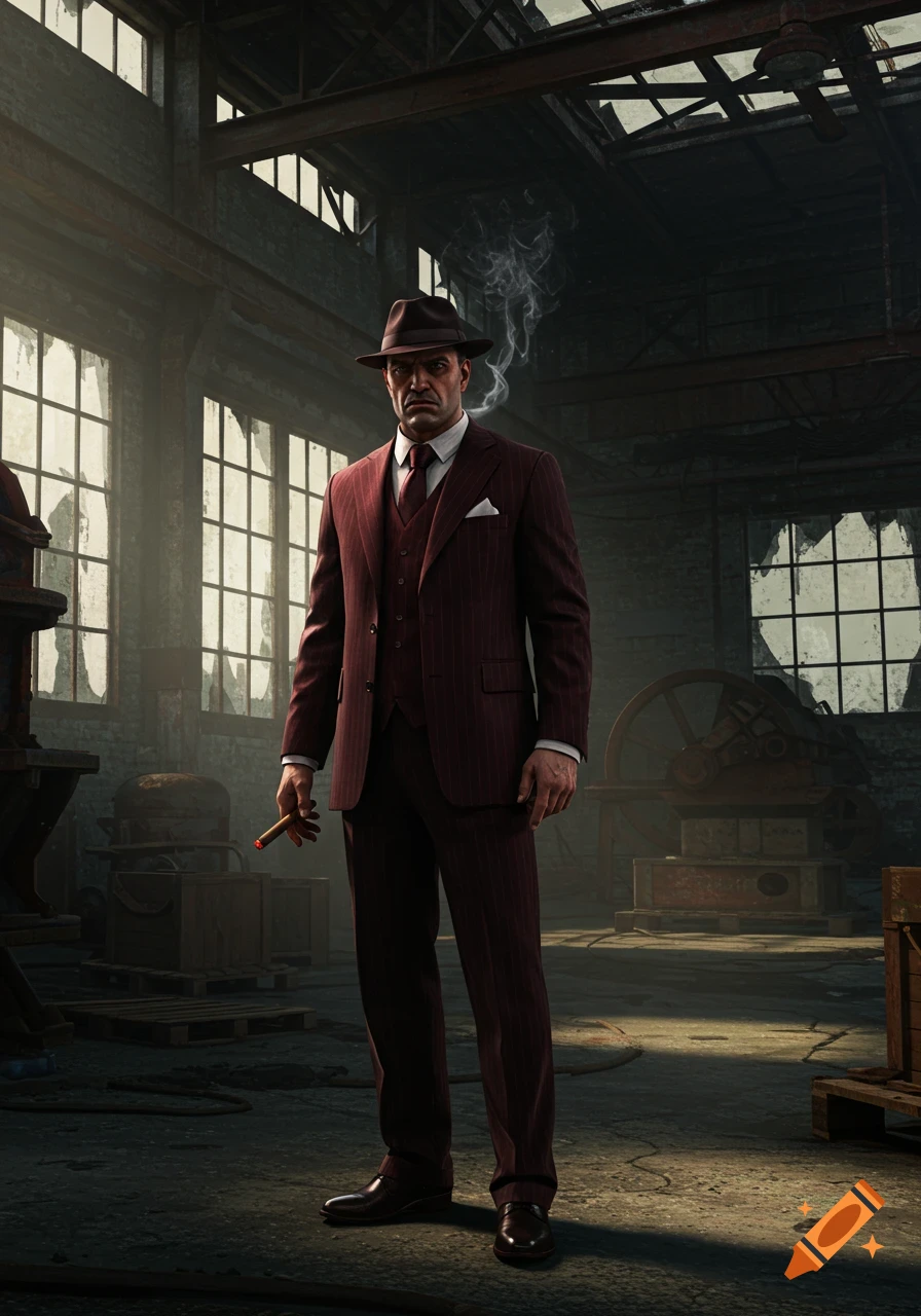 A man dressed as a mafioso in a pinstripe suit and fedora, holding a cigar, stands in a desolate industrial building.