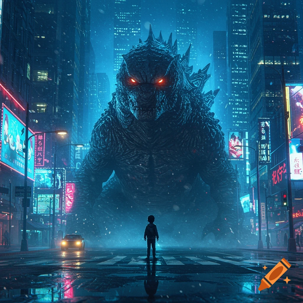 Giant Godzilla with glowing red eyes looms over a small child in a neon-lit city street at night, with snow falling.