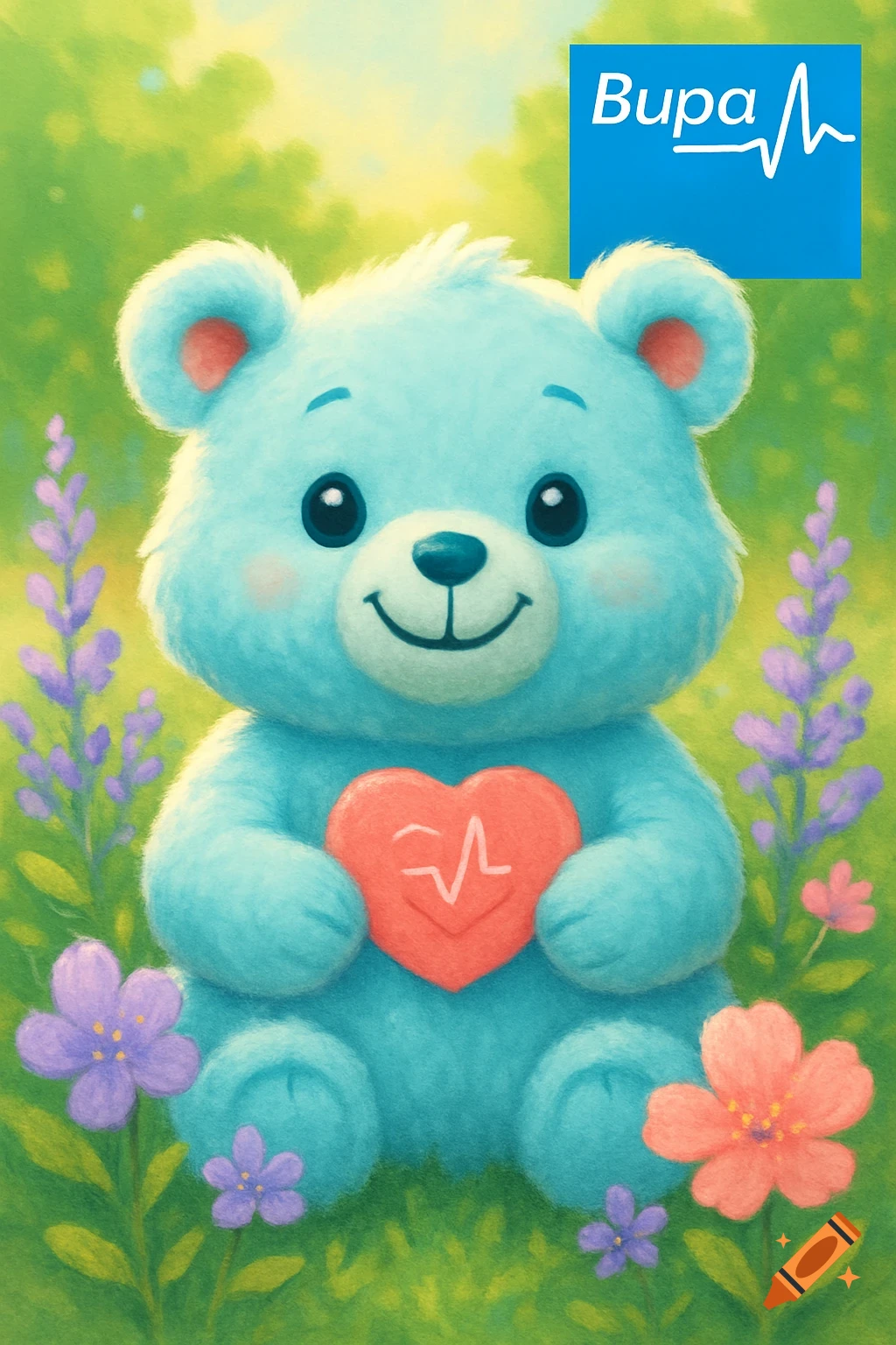 A cute light blue teddy bear mascot holding a red heart with a heartbeat line, in a grassy field with purple flowers. Bupa logo in corner.