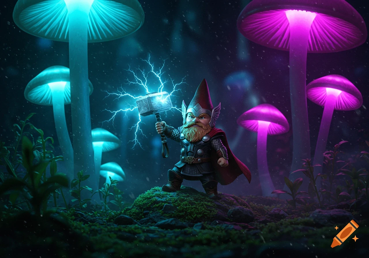 A fantasy gnome dressed as Thor, with a beard and horned helmet, wields a lightning hammer in a glowing mushroom forest.