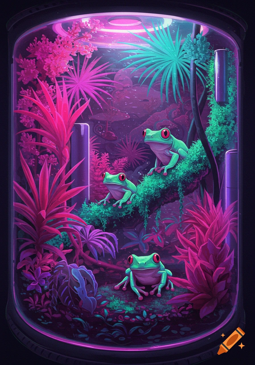 Three bright green tree frogs with red eyes in a vibrant, glowing terrarium with pink and teal tropical plants, vaporwave aesthetic.