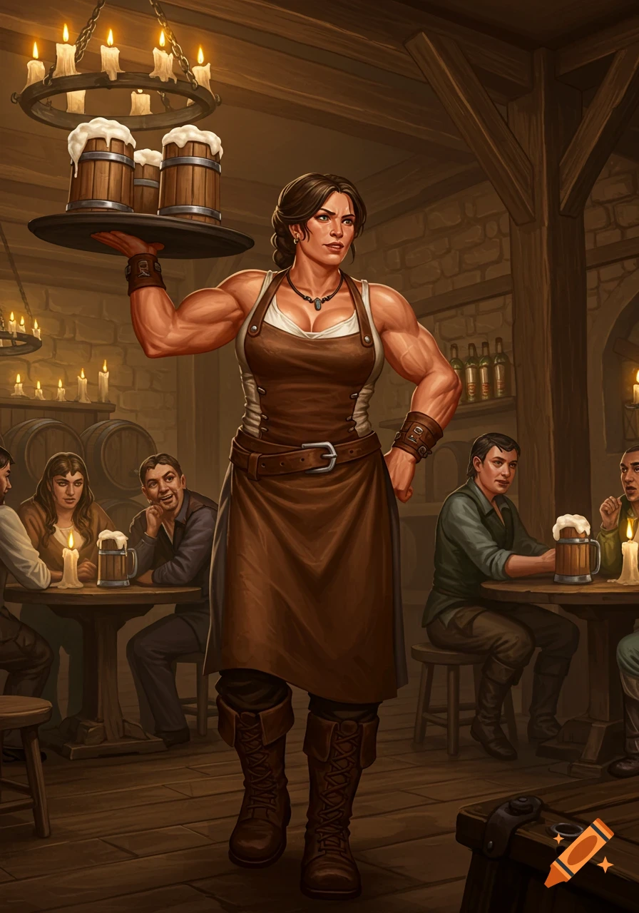 Muscular barmaid carries a tray of beer mugs through a bustling, dimly lit fantasy tavern.