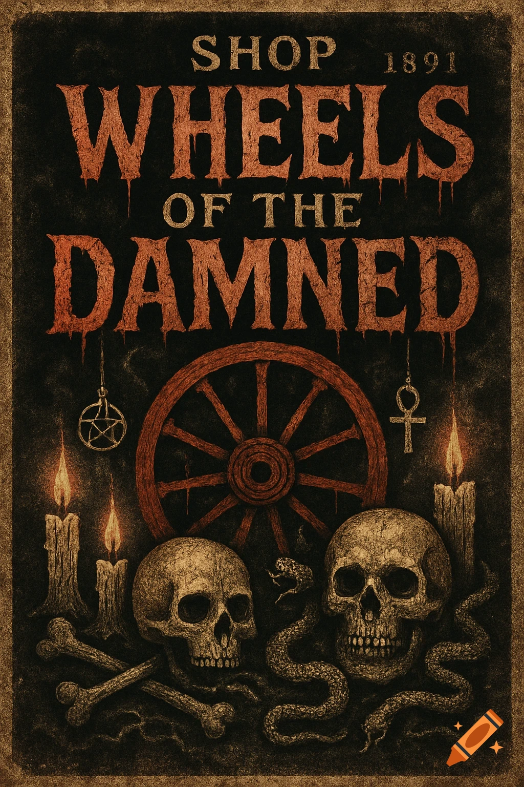 Vintage horror flyer for 'Wheels of the Damned' shop, featuring skulls, bones, serpents, candles, a wheel, and occult symbols on a dark, gritty background.