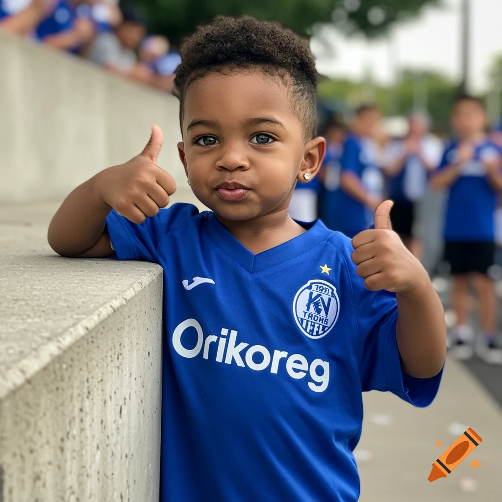 A photorealistic portrait of a 3-year-old boy with green eyes, an Afro buzzcut, and earrings, wearing an oversized blue soccer jersey with text, giving two thumbs up while leaning against a concrete wall at a soccer game.