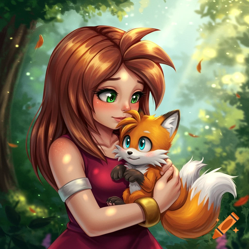 A stylized cartoon girl with brown hair in a forest holds a cute, orange, two-tailed fox.